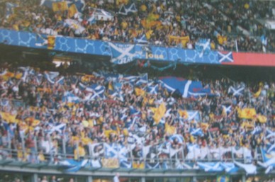 Scotland supporters in national colors before an international football match