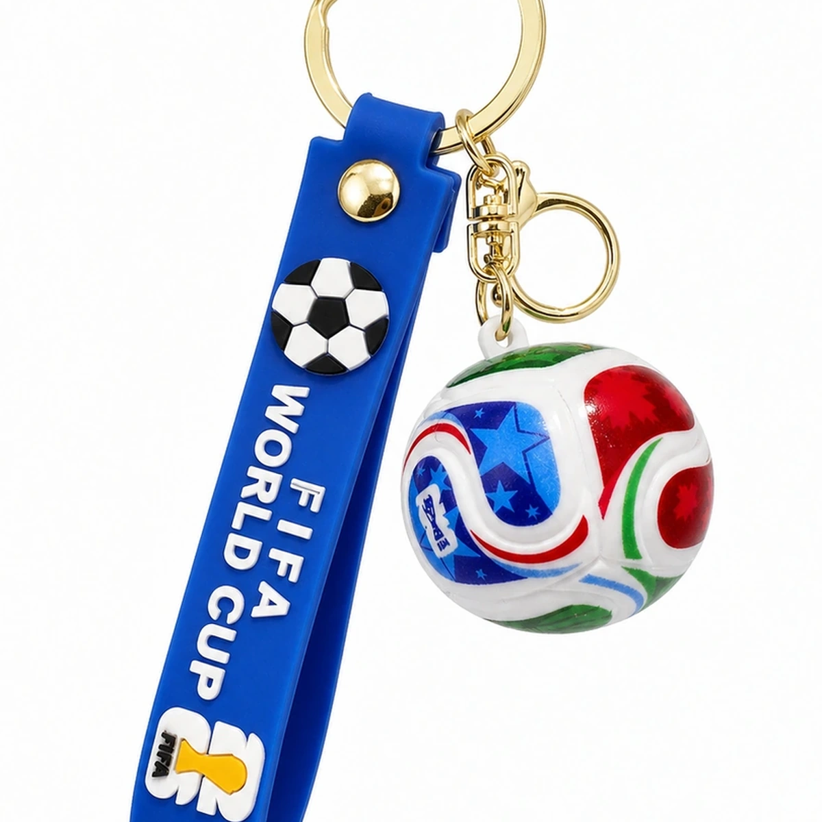 Close-up of a color soccer ball keychain strap and metal ring