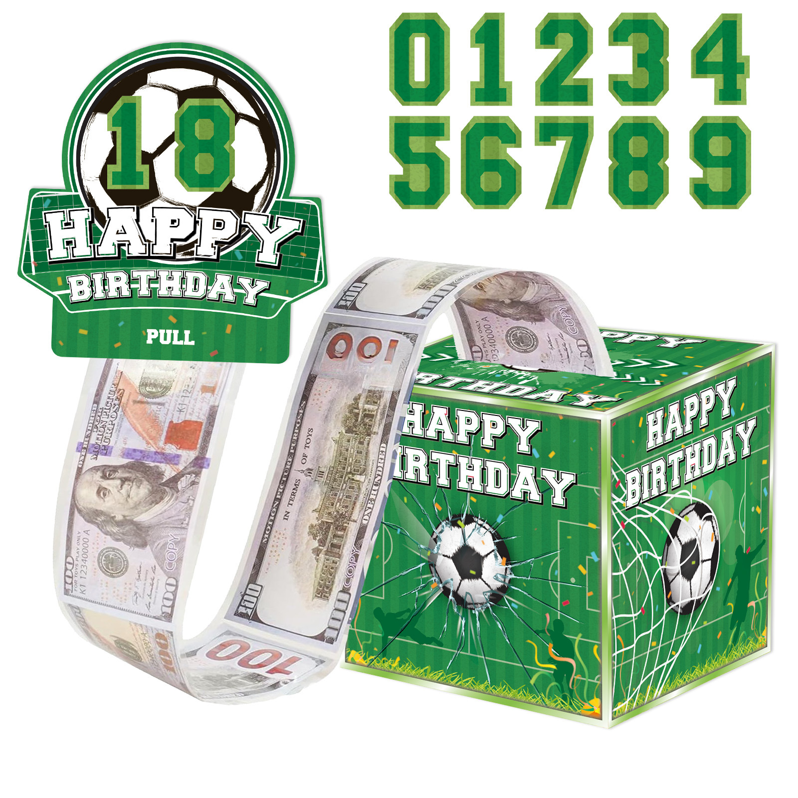 Football cash pull box centerpiece in green birthday design