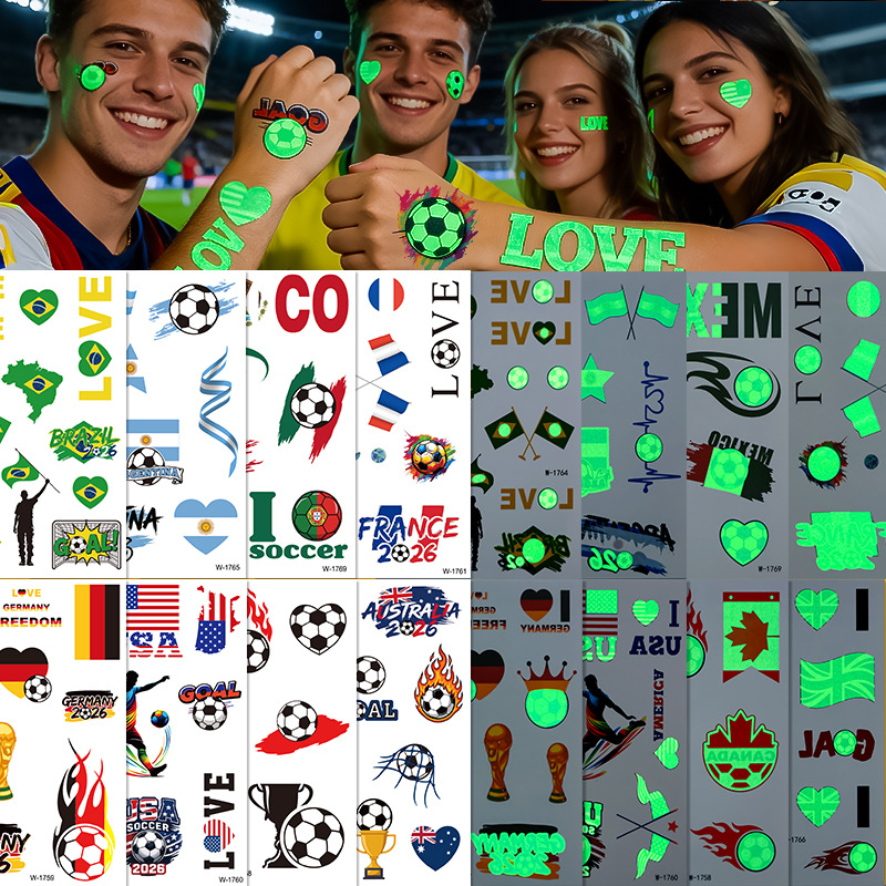 Glow soccer temporary tattoo sticker sheet assortment