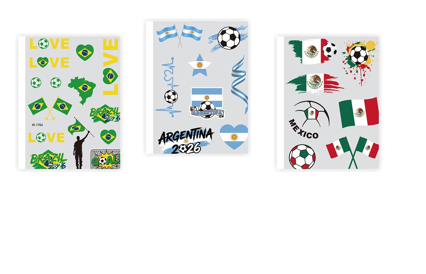 Three soccer tattoo sheets in country color designs