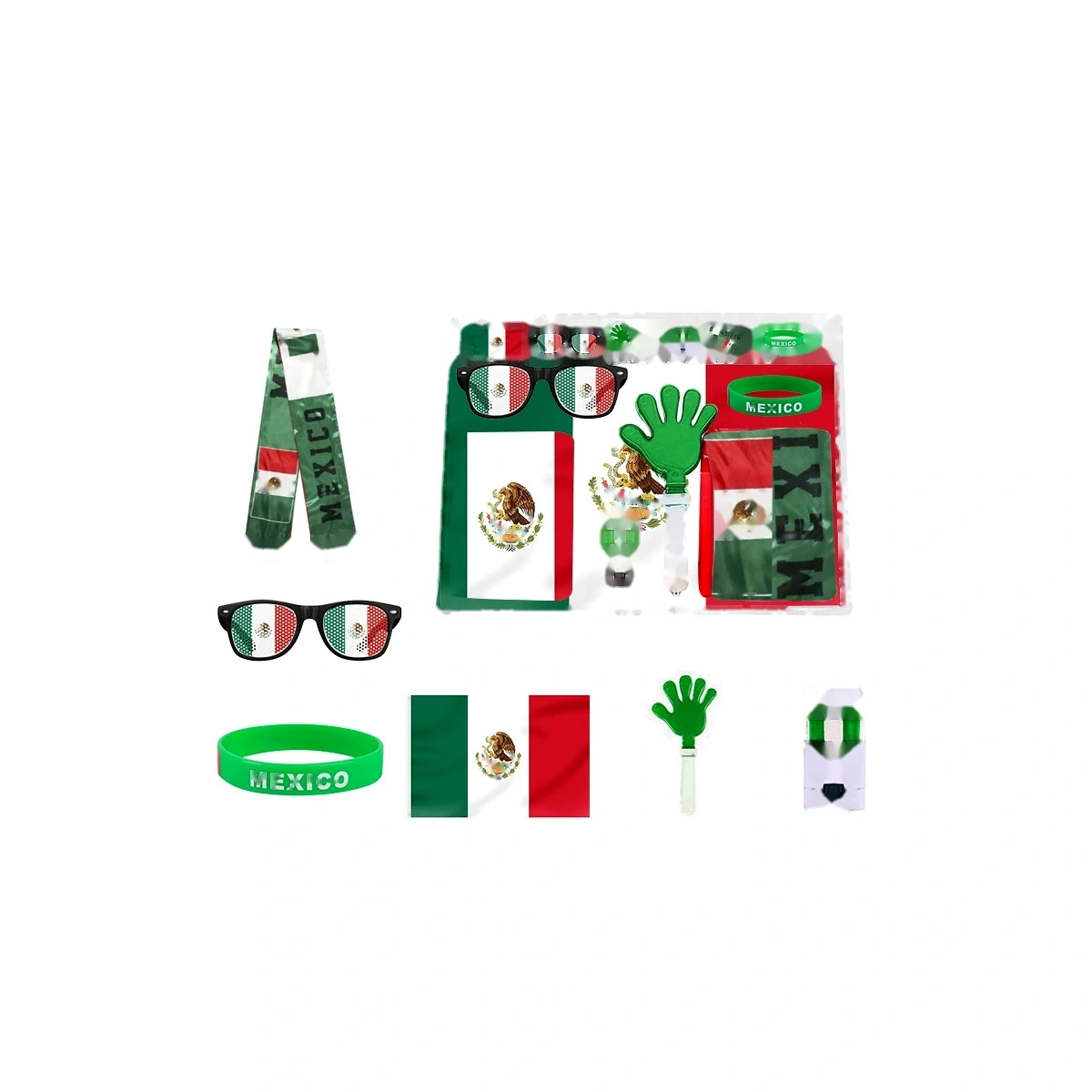 Close-up of accessories included in the Mexico soccer watch party fan kit