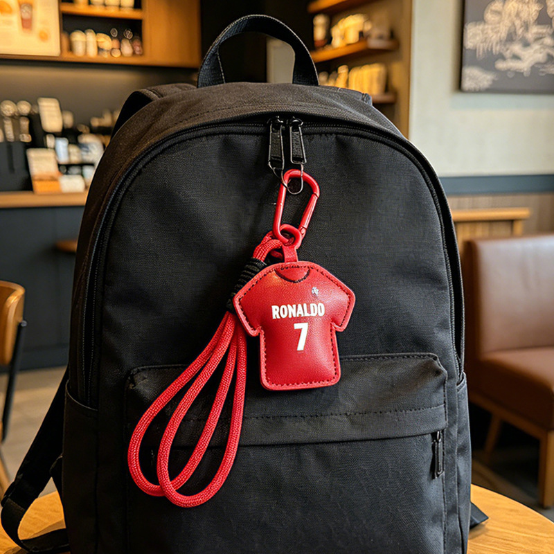 Red jersey charm clipped to a backpack