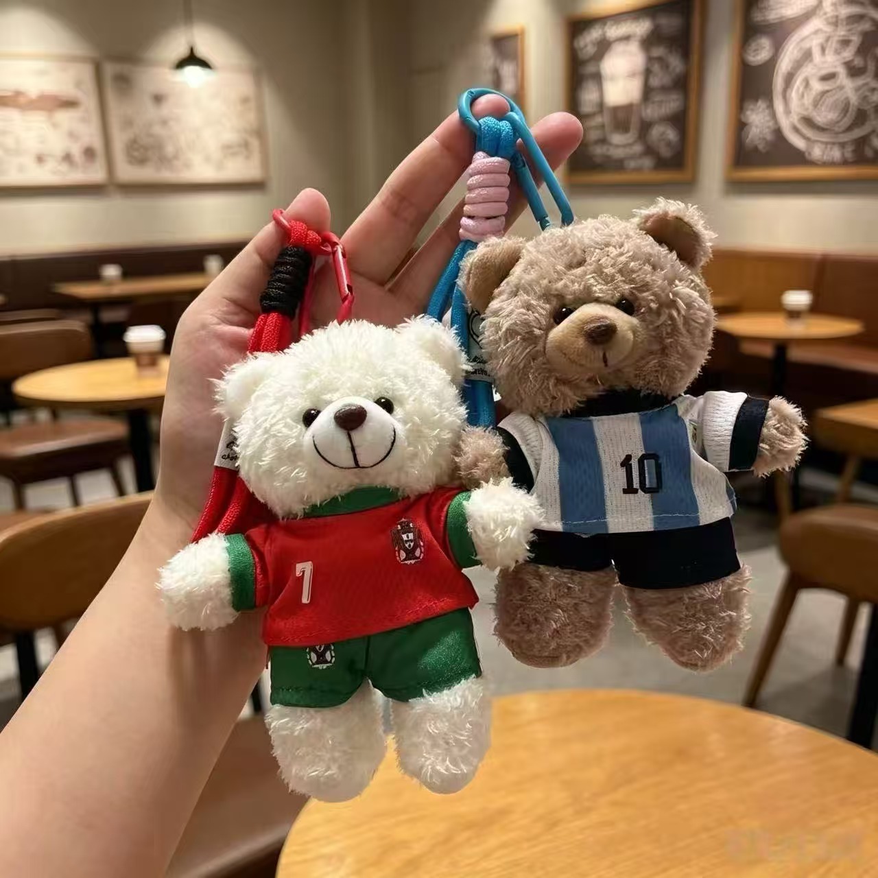 Plush bear football keychains in red and striped kits