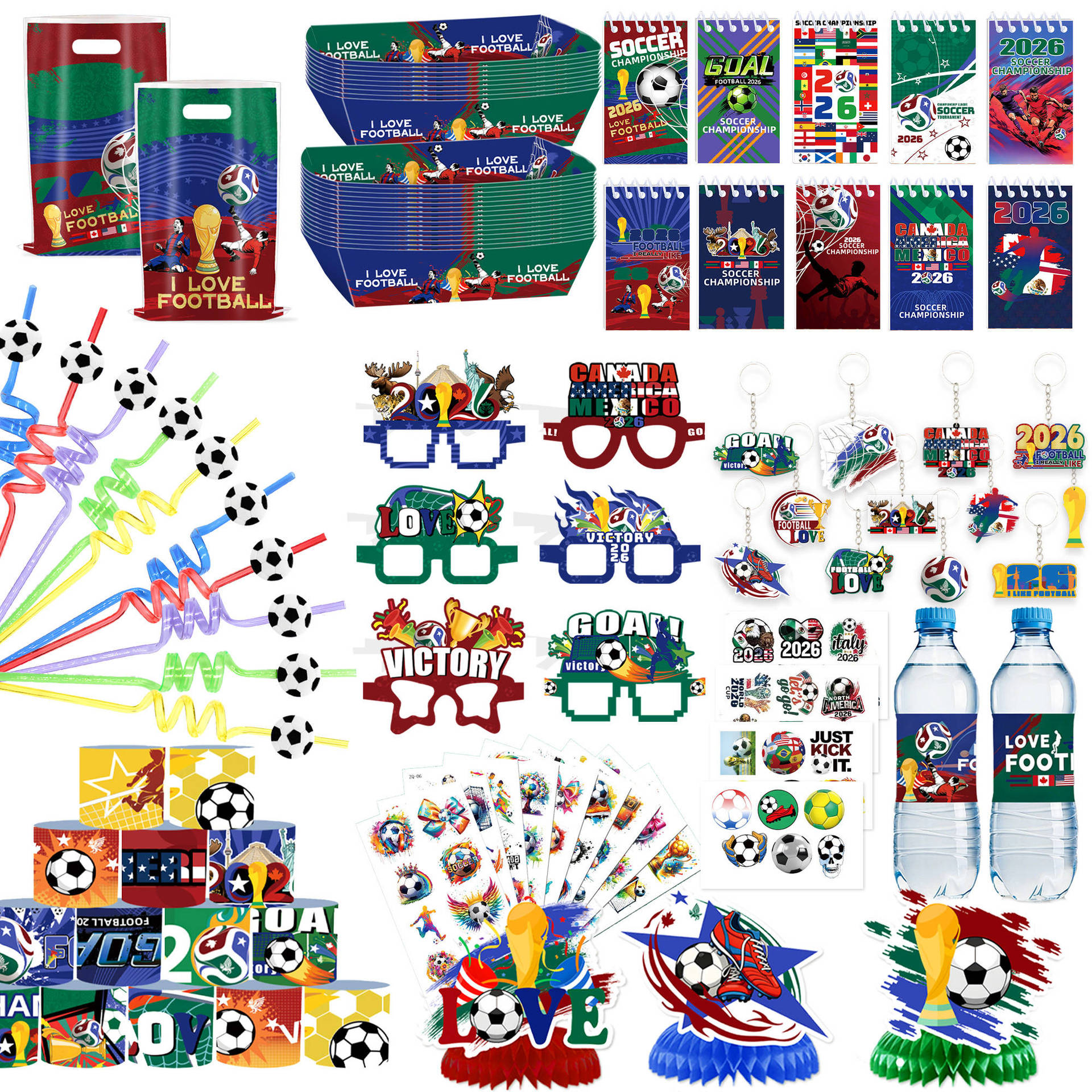 World Cup party favor assortment with bags notebooks glasses and wristbands