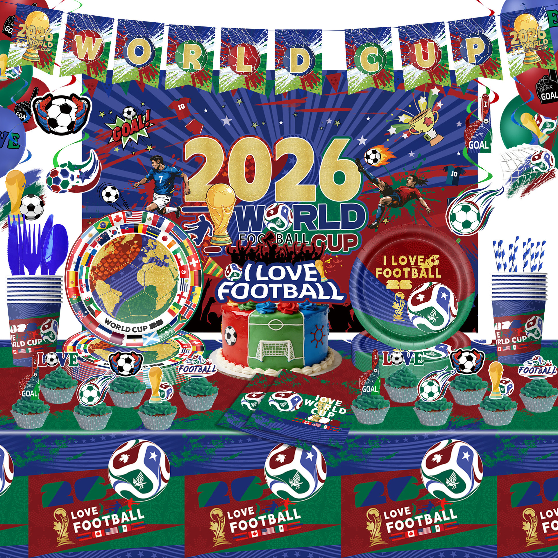Soccer party tableware setup with backdrop, plates, cups, and cake decor