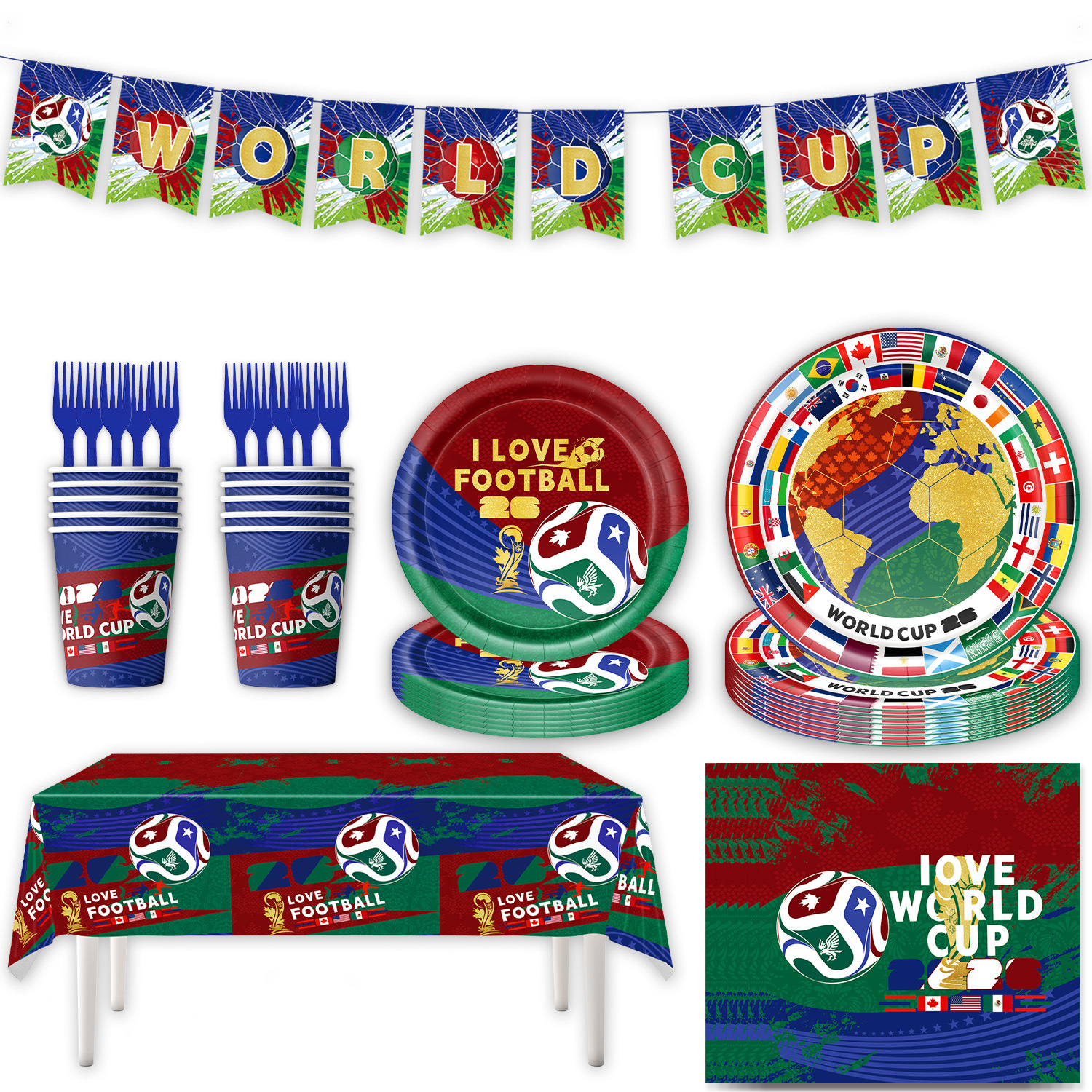 World Cup tableware pieces with cups, plates, and table cover