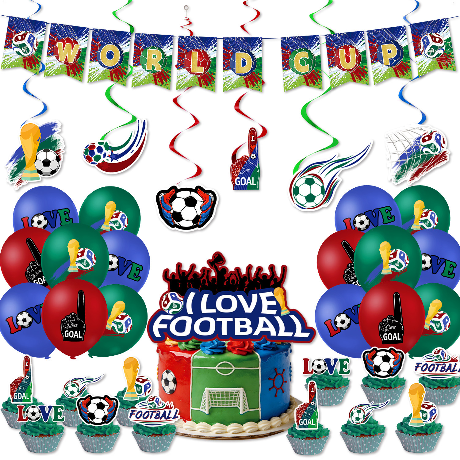 Soccer party backdrop and balloon decor setup